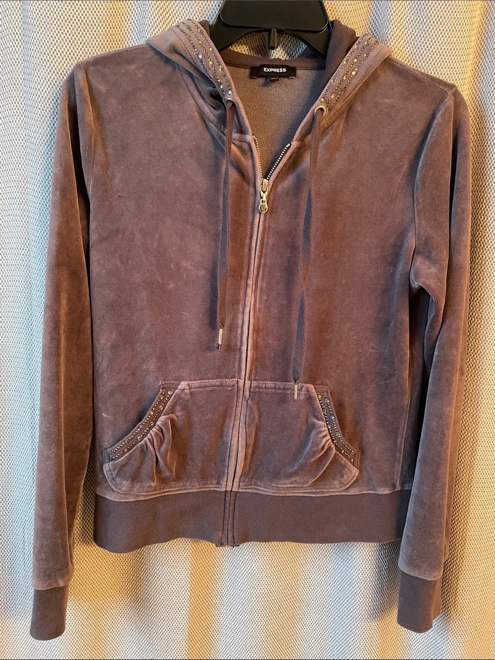 Express Women's Zip-up Gray Velour Embellished Hoodie Jacket